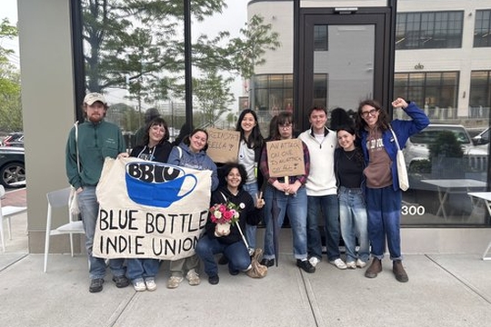 Blue Bottle Union members walk out in support of a colleague
