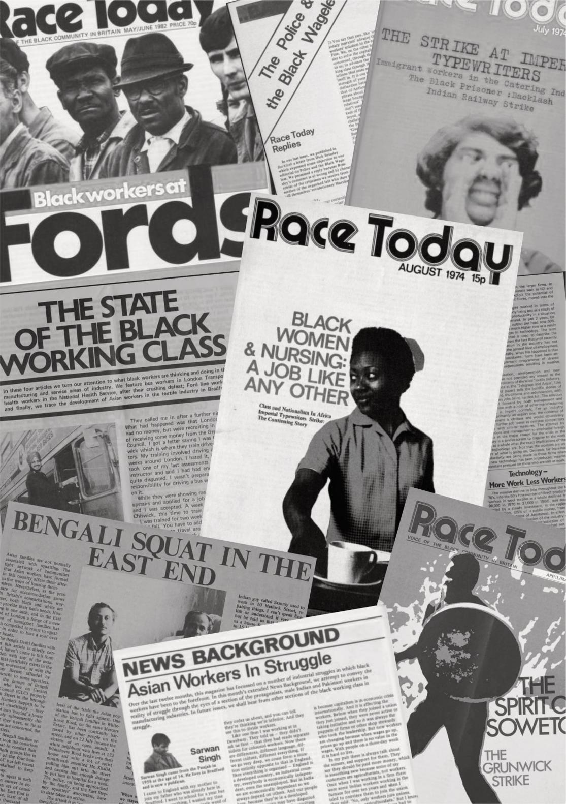 A black and white collage of Race Today articles featuring workers inquiry.