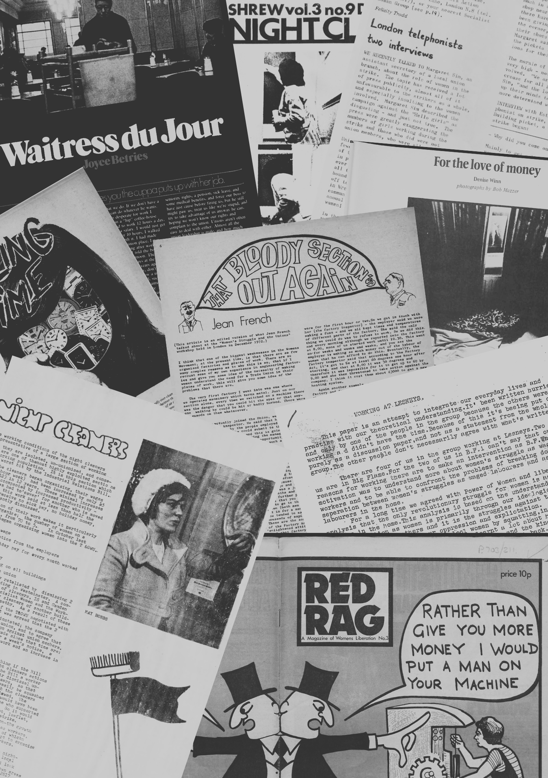 A black and white collage of women's liberation publications featuring workers inquiry.